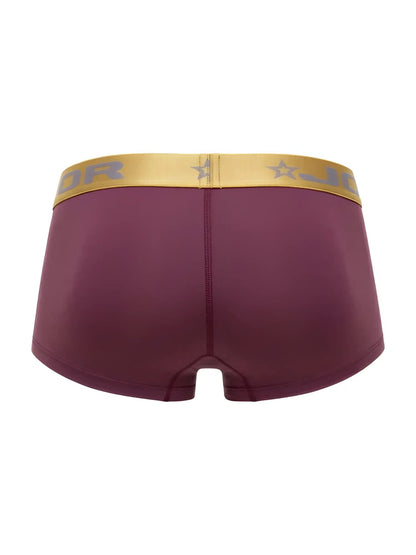 Maroon jor 2326 soho trunks boxer briefs with gold waistband featuring jor logo and star motifs