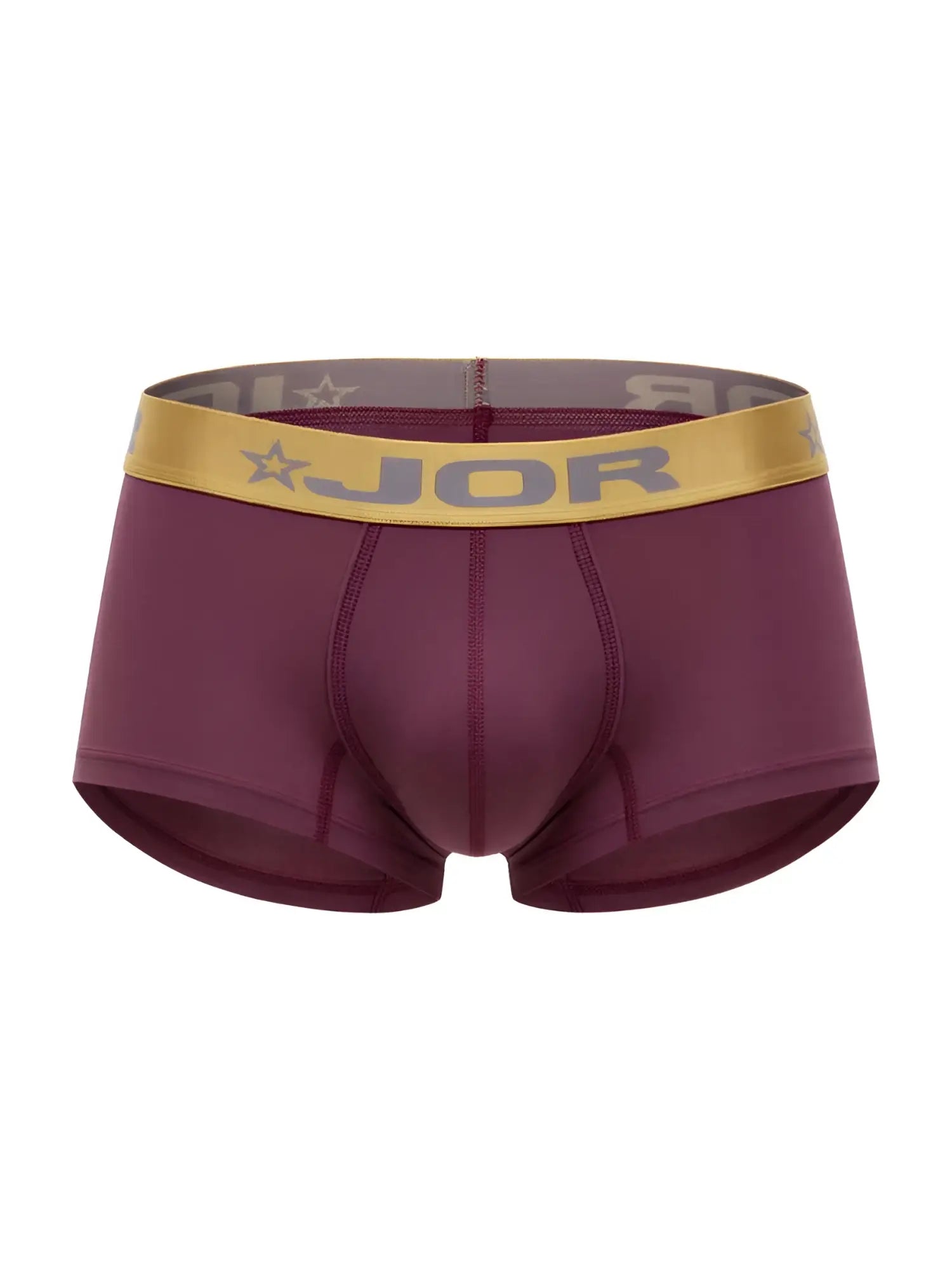 Maroon JOR 2326 Soho trunks boxer briefs with a gold waistband featuring the brand name and star logo