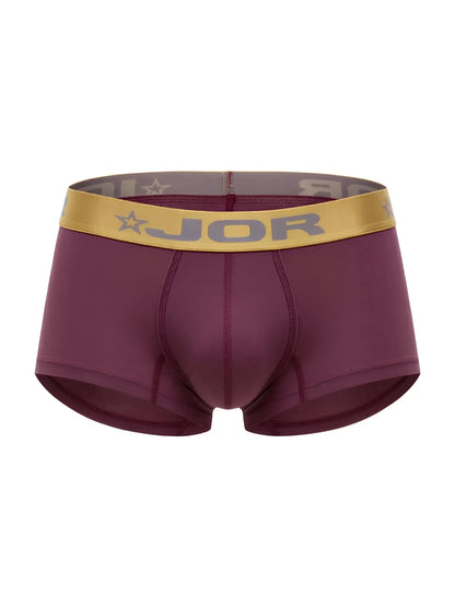 Maroon JOR 2326 Soho trunks boxer briefs with a gold waistband featuring the brand name and star logo
