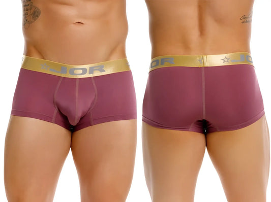 Purple jor 2326 soho trunks men’s briefs with gold waistband featuring brand logo and star emblem in wine color
