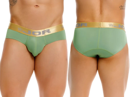 Jor 2327 soho briefs in mint green with gold elastic waistband featuring jor logo and star emblem