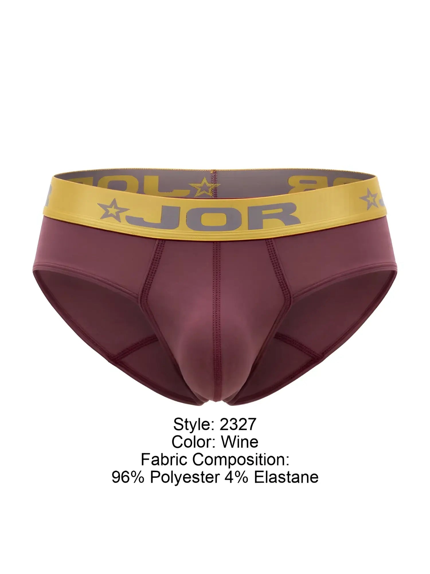 Wine-colored jor 2327 Soho briefs with yellow waistband featuring jor brand name and star motifs men’s underwear
