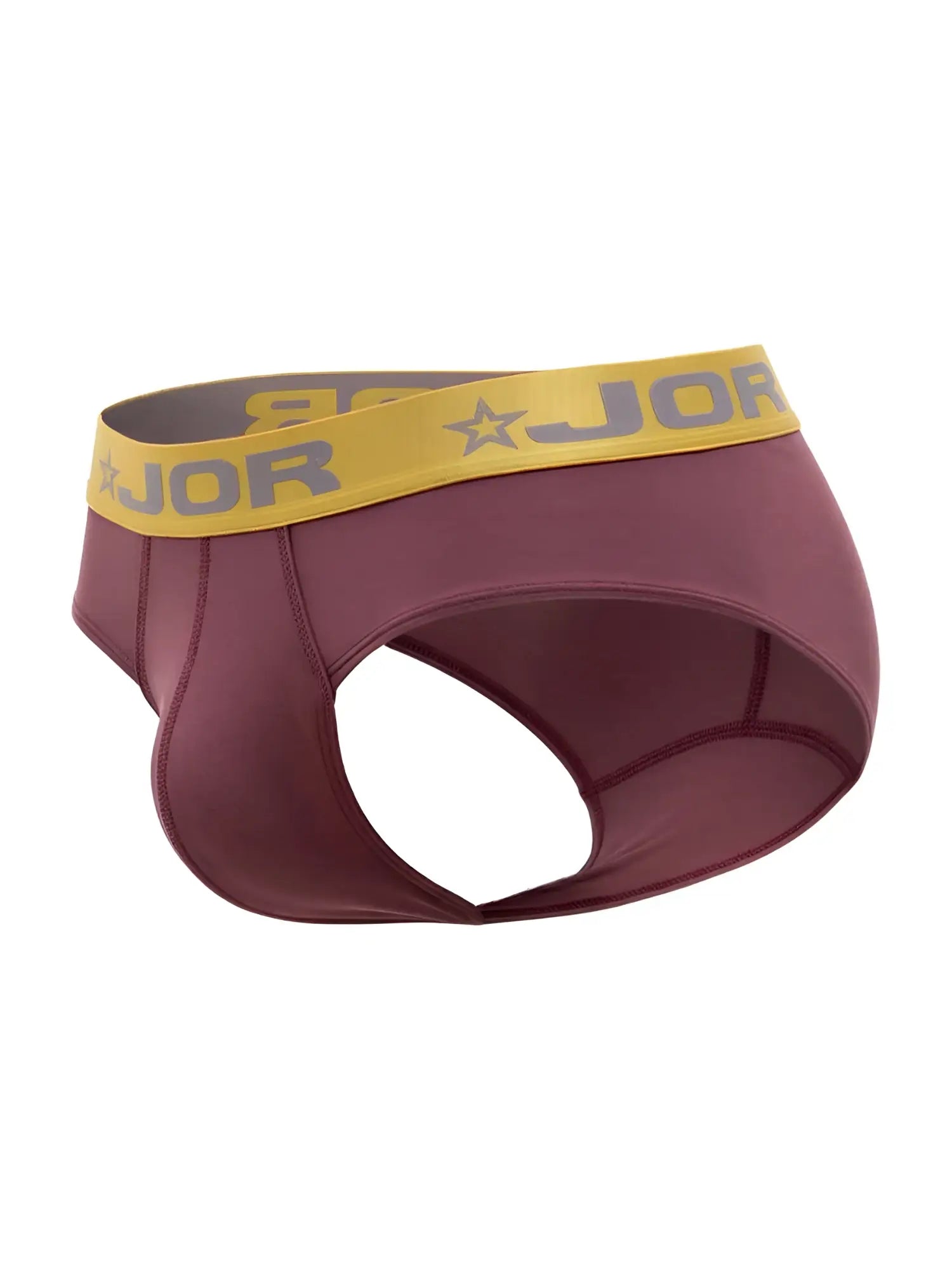 Maroon jor 2327 soho briefs with a yellow waistband featuring gray lettering and star logo front view