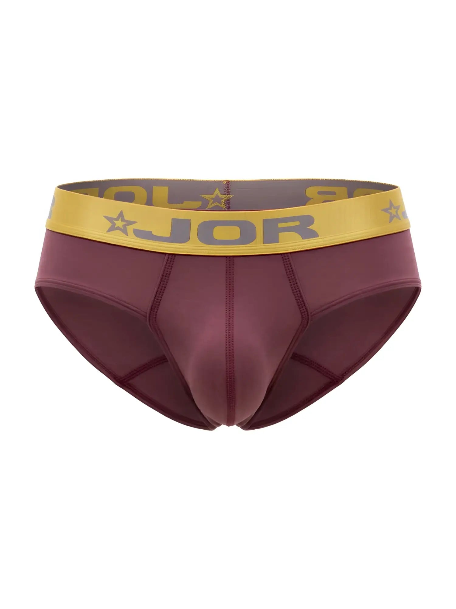 Maroon jor 2327 soho briefs with yellow waistband, gray lettering, and star motifs for comfortable men’s underwear