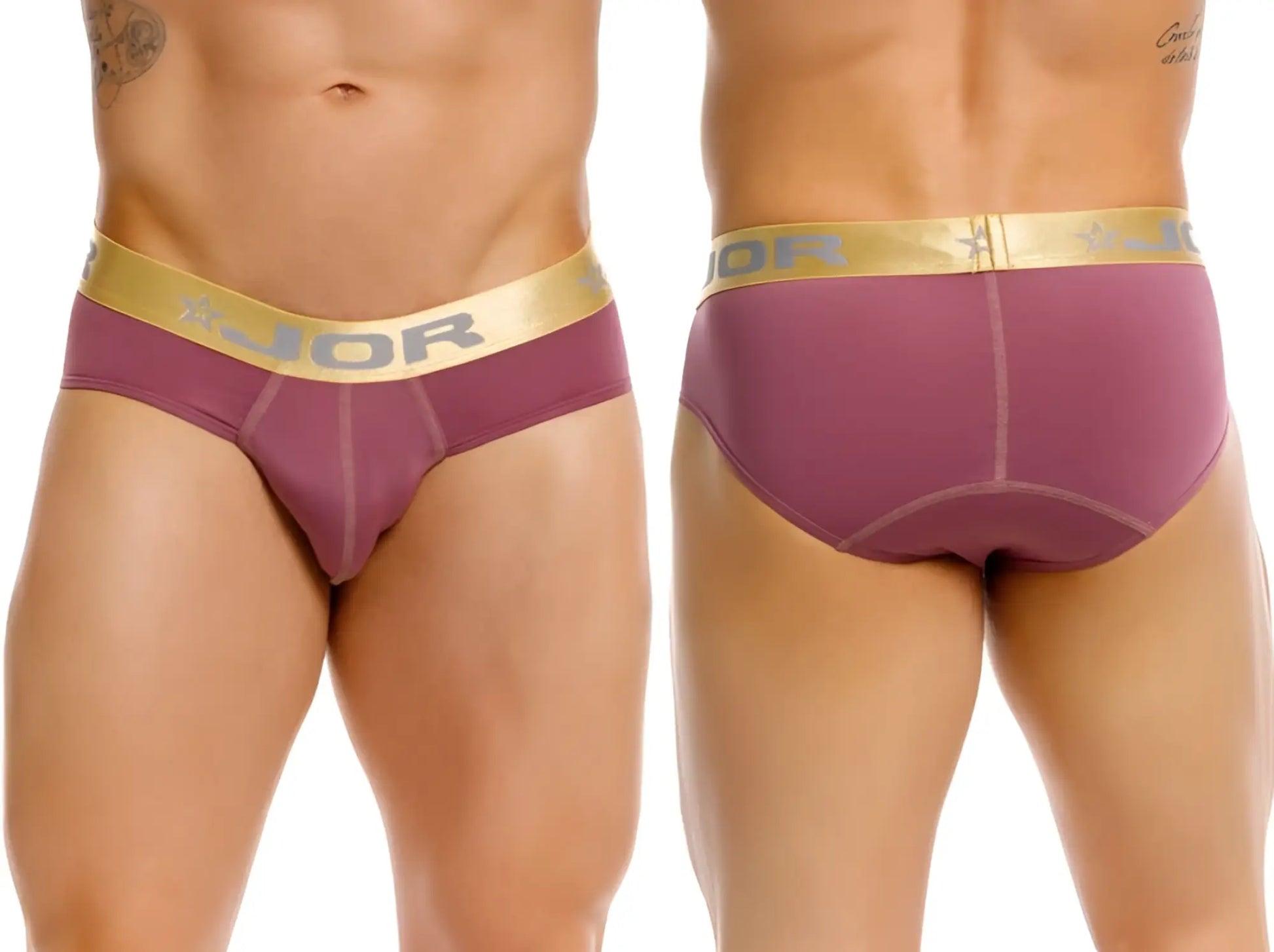 Purple men’s briefs with a gold elastic waistband featuring the jor brand logo in soho brief color wine