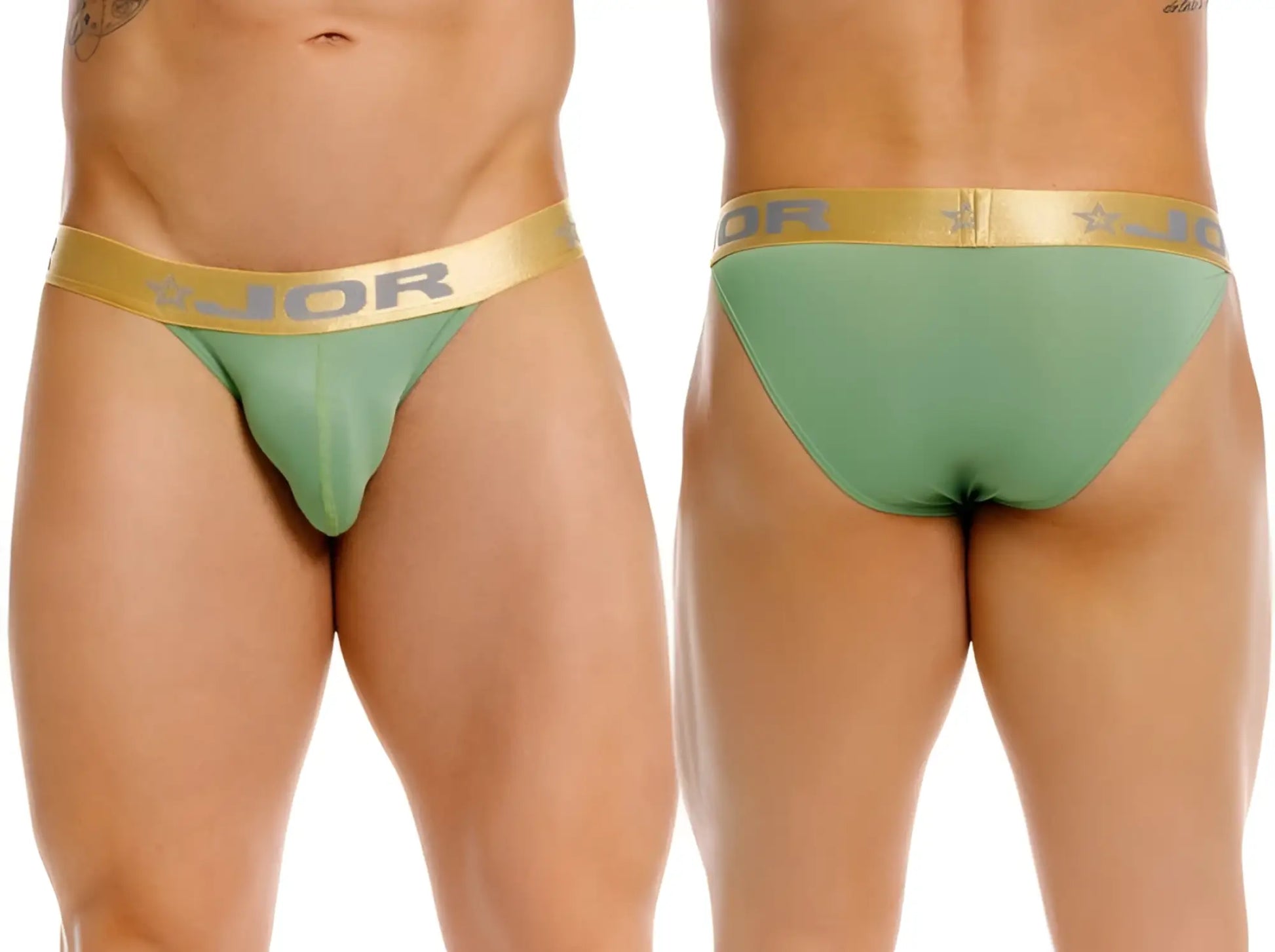 Green jor 2328 Soho bikini briefs with gold waistband featuring jor logo and star design