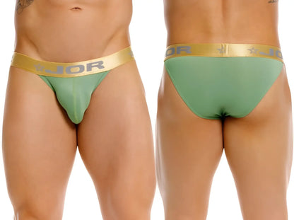 Green jor 2328 Soho bikini briefs with gold waistband featuring jor logo and star design