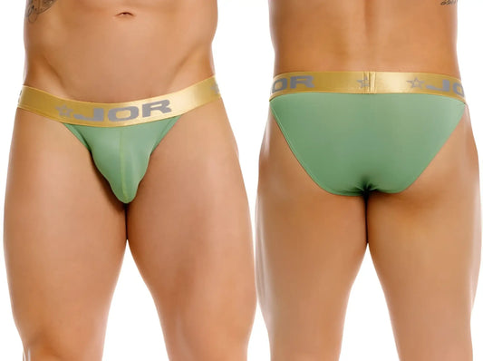 Green jor 2328 Soho bikini briefs with gold waistband featuring jor logo and star design