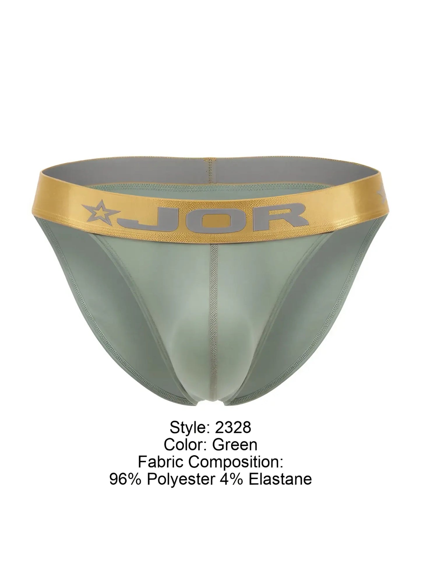 Green jor 2328 Soho bikini briefs with gold waistband featuring jor logo and star emblem front view
