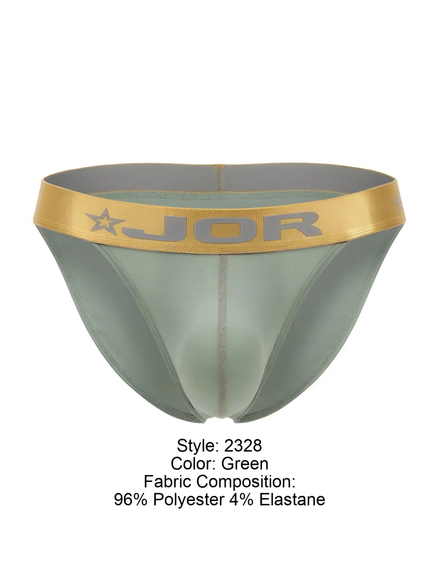 Green jor 2328 Soho bikini briefs with gold waistband featuring jor logo and star emblem front view