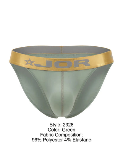 Green jor 2328 Soho bikini briefs with gold waistband featuring jor logo and star emblem front view