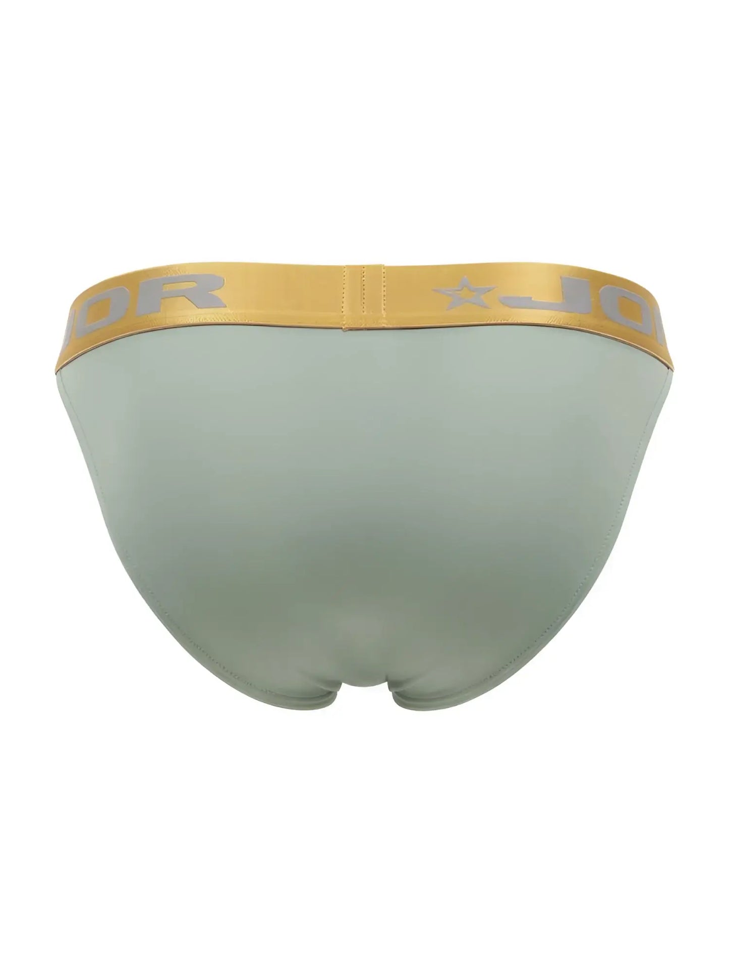 A sleek light green jordan men’s brief with a gold waistband and silver logo from jor 2328 soho bikini collection