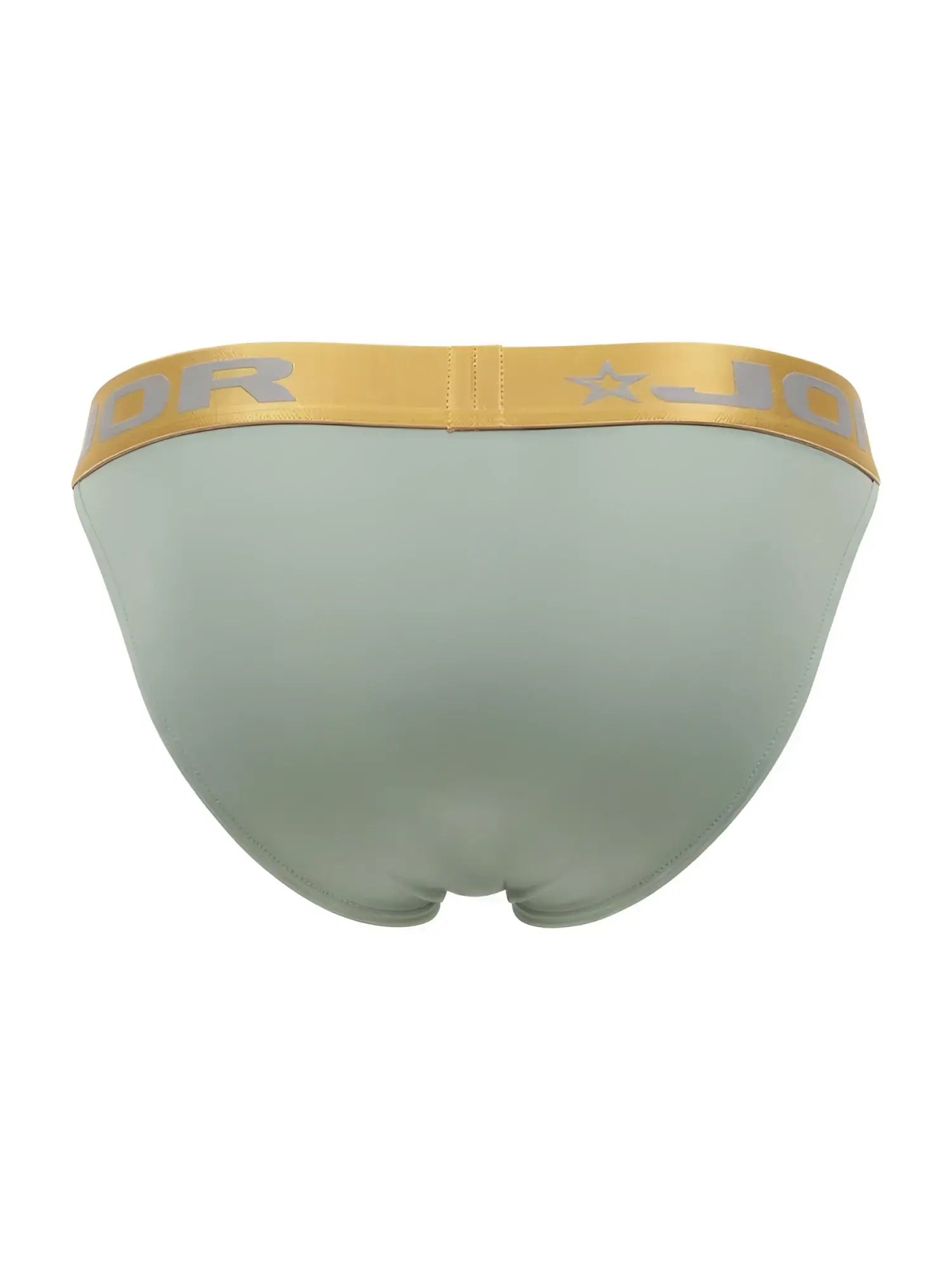 A sleek light green jordan men’s brief with a gold waistband and silver logo from jor 2328 soho bikini collection