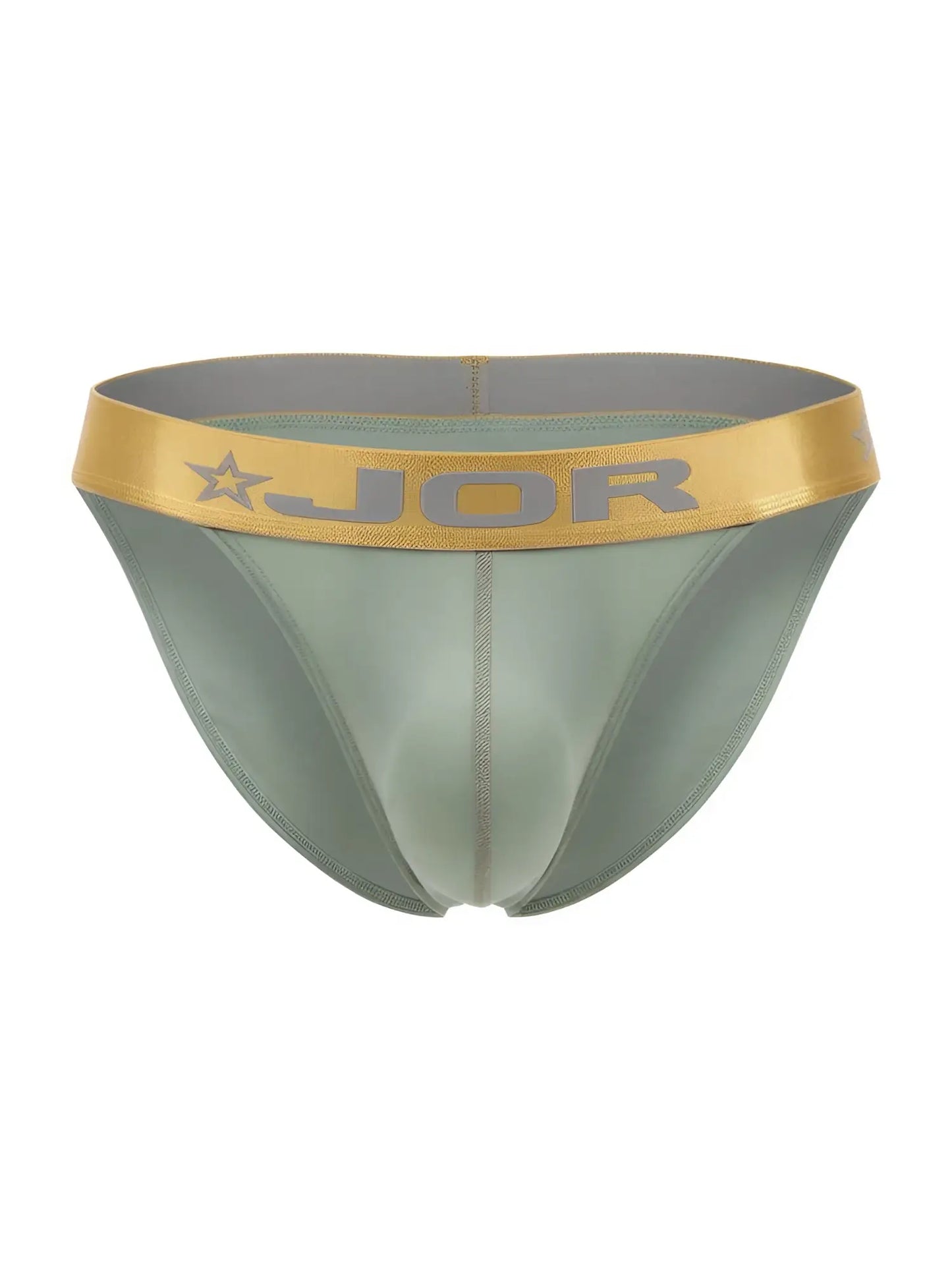 A sleek olive-green jor 2328 soho bikini brief with a gold waistband featuring the brand logo and star emblem