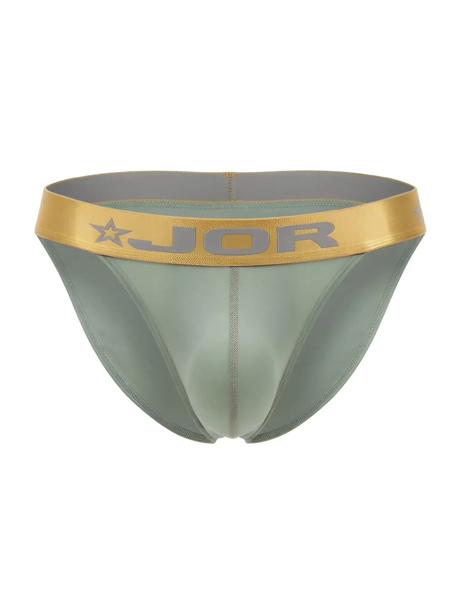 A sleek olive-green jor 2328 soho bikini brief with a gold waistband featuring the brand logo and star emblem