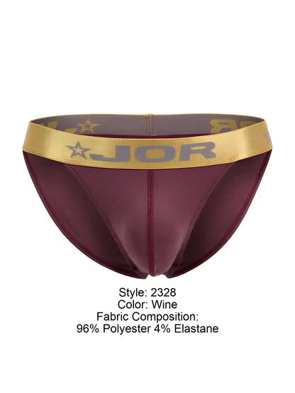 Wine-colored jor 2328 Soho bikini briefs with a gold waistband featuring the brand logo and star design
