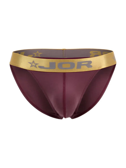 Maroon jor 2328 soho bikini briefs with gold waistband featuring logo and star motifs in wine color