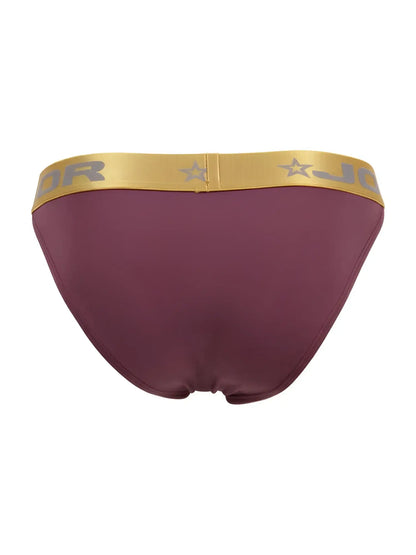 Maroon soho bikini briefs with a gold jordan waistband and star motifs in style jor 2328 color wine