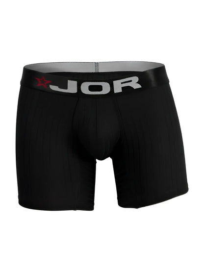 Black jor 2329 cronos boxer briefs with gray waistband featuring brand name and red star logo in front view