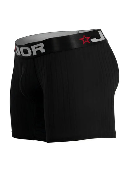 Black ribbed jor 2329 cronos boxer briefs with black elastic waistband featuring j logo and red star emblem