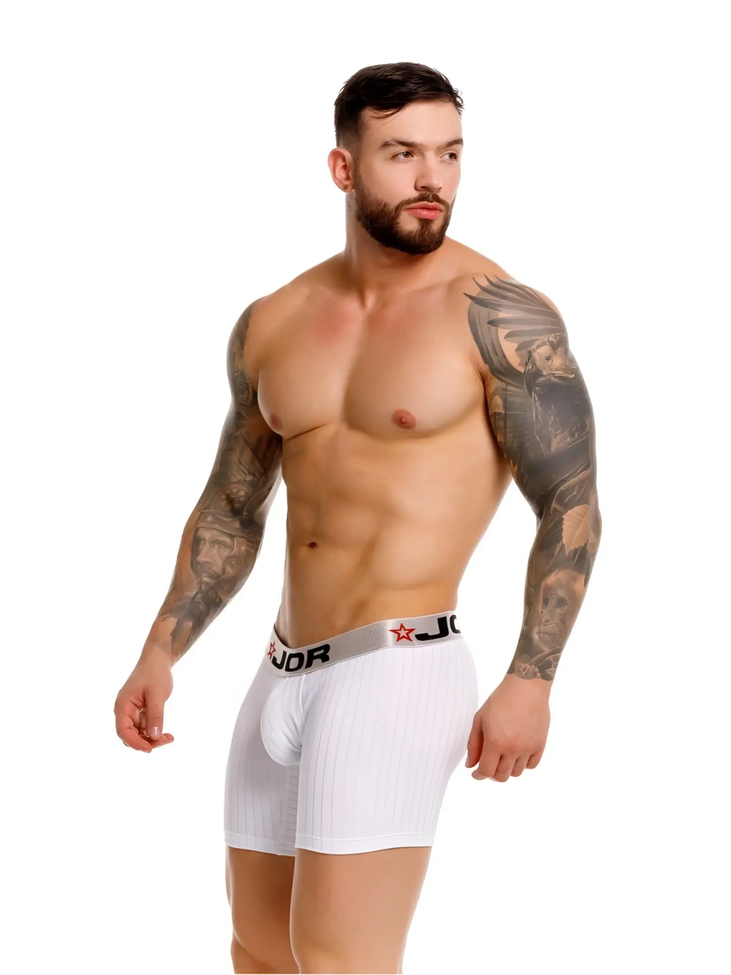 White ribbed jor 2329 cronos boxer briefs with gray waistband featuring jor logo and red star for comfortable wear