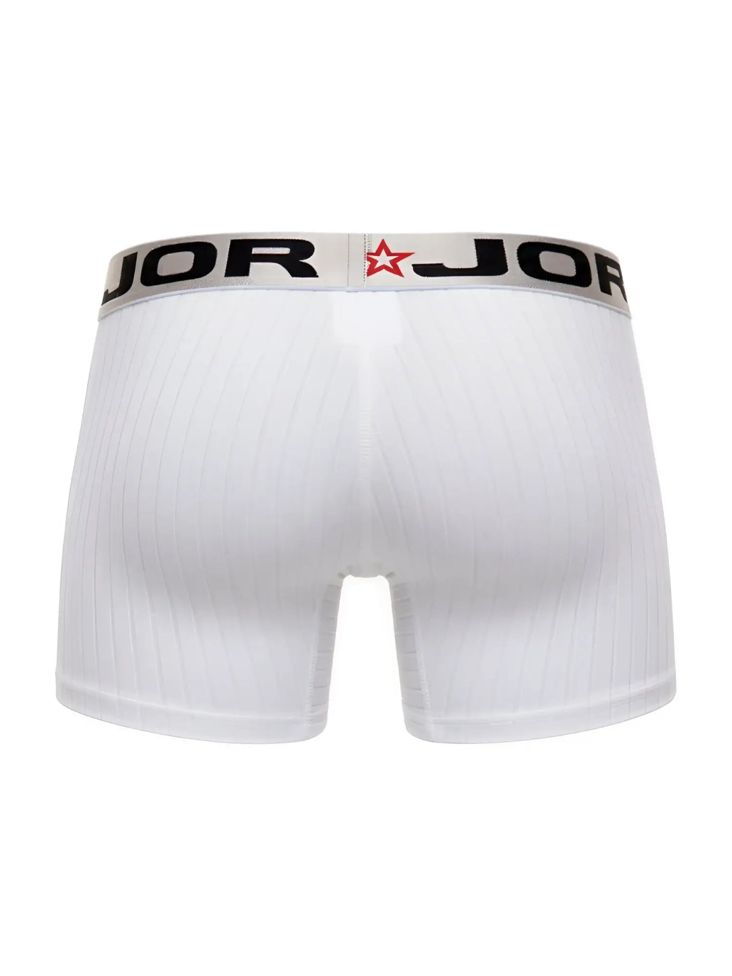 White jor 2329 cronos boxer briefs with ribbed texture and black elastic waistband featuring brand name and red star logo