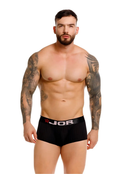 Black jor 2330 cronos trunks briefs with ribbed texture and white logo on waistband in black color