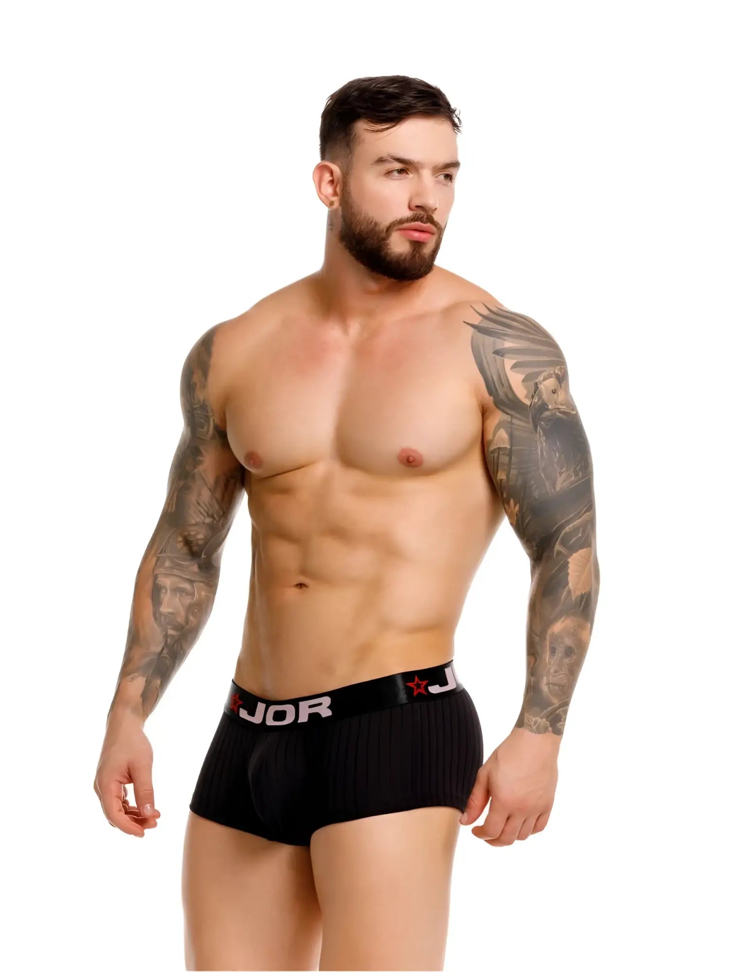 Black ribbed boxer briefs with a white jor logo and red star emblem on the waistband for comfortable everyday wear