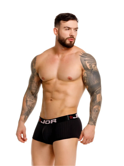 Black ribbed boxer briefs with a white jor logo and red star emblem on the waistband for comfortable everyday wear