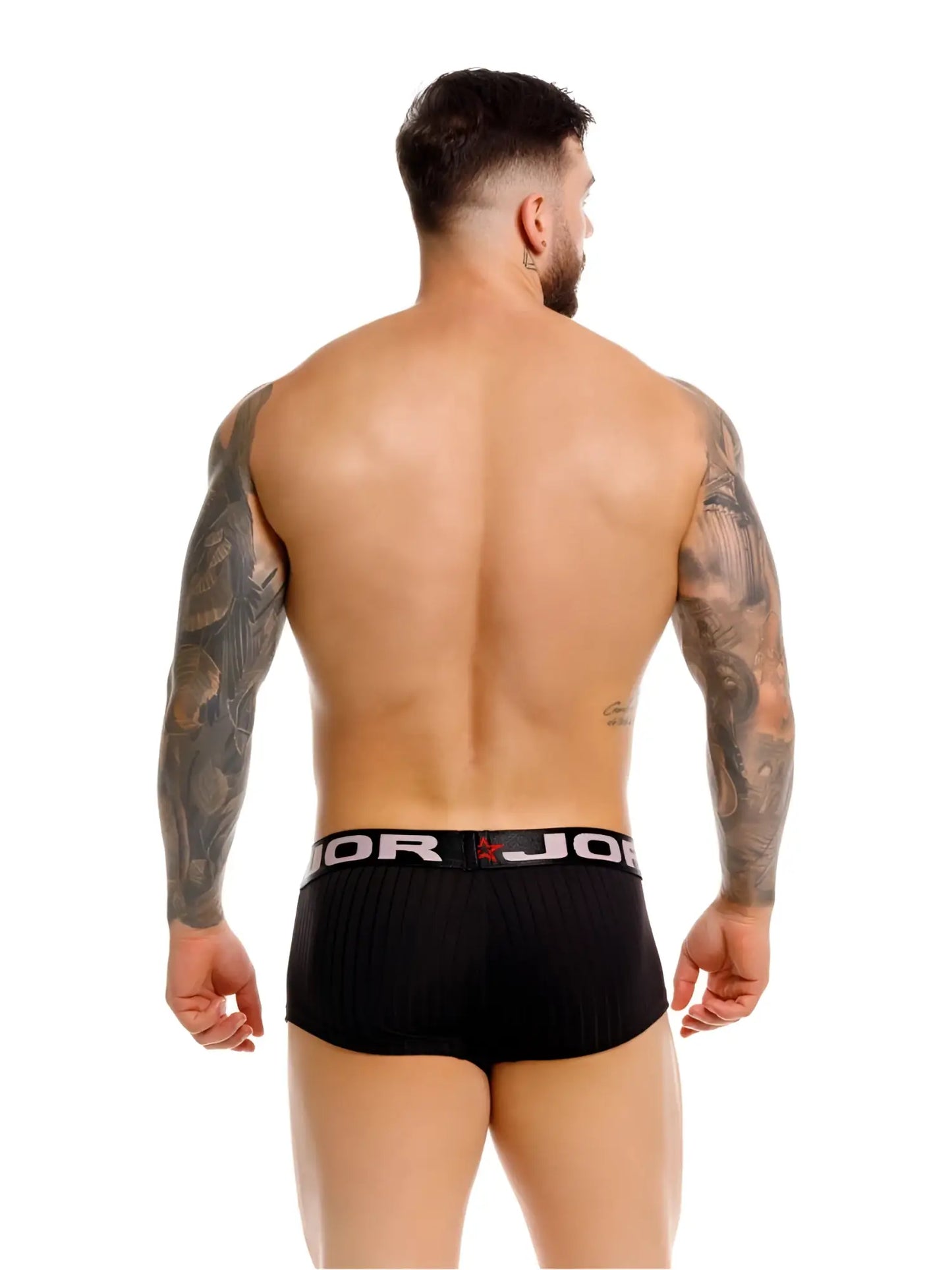 Black ribbed boxer briefs with white elastic waistband featuring jor logo and red star emblem called jor 2330 cronos trunks