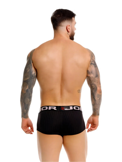 Black ribbed boxer briefs with white elastic waistband featuring jor logo and red star emblem called jor 2330 cronos trunks