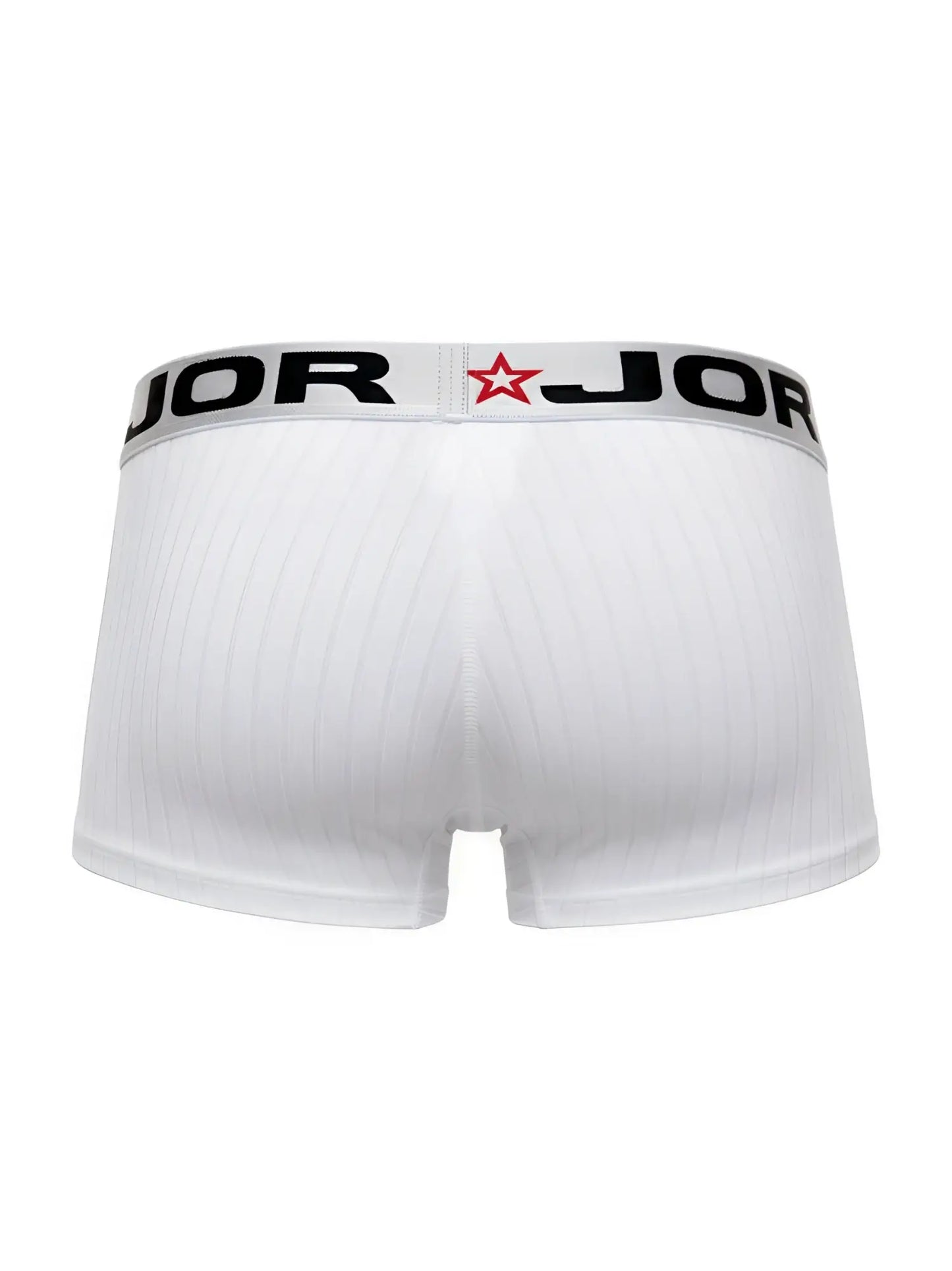 White jor 2330 cronos trunks boxer briefs with ribbed texture and black elastic waistband with brand name and red star logo