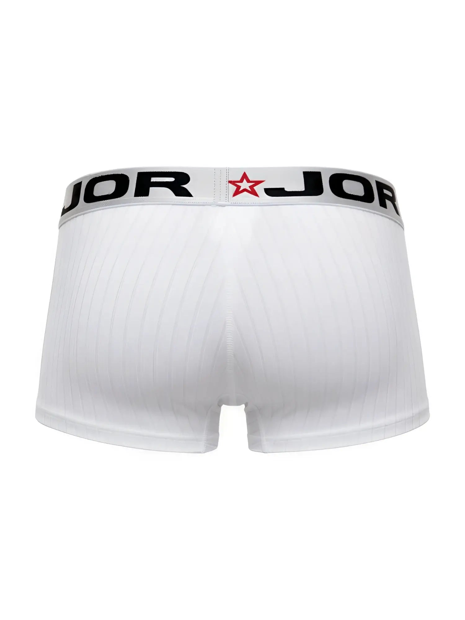 White jor 2330 cronos trunks boxer briefs with ribbed texture and black elastic waistband with brand name and red star logo