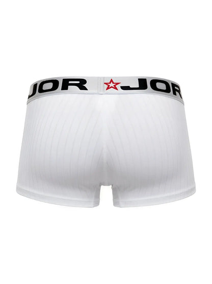 White jor 2330 cronos trunks boxer briefs with ribbed texture and black elastic waistband with brand name and red star logo