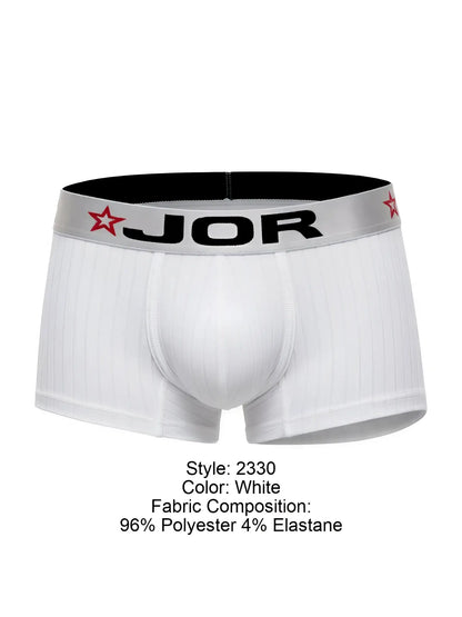 White jor 2330 cronos trunks boxer briefs with ribbed texture and black waistband with red star logos