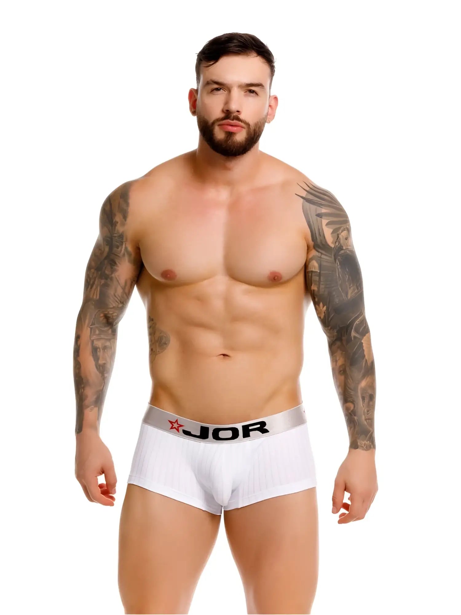 White jor 2330 cronos trunks briefs with silver waistband black lettering and red star logo in white color