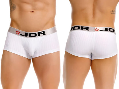 White jor 2330 cronos trunks men’s briefs with ribbed texture and silver waistband with black lettering and red stars