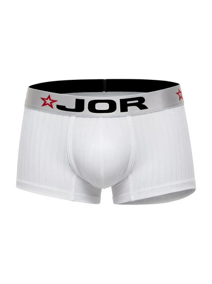 White jor 2330 cronos trunks men’s briefs with silver waistband black lettering and red star logos