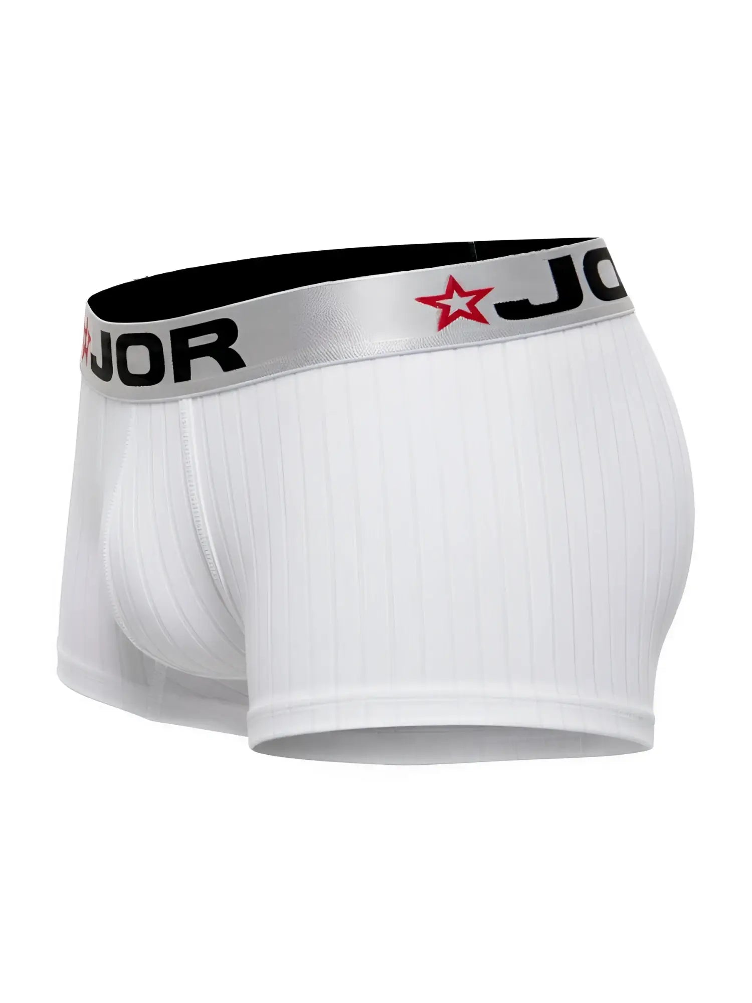 White ribbed jor 2330 cronos trunks boxer briefs with silver waistband black jor lettering and red star logo