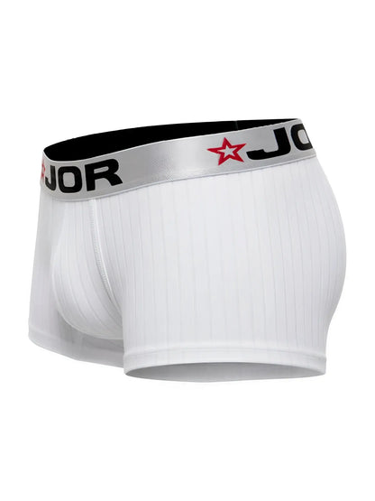 White ribbed jor 2330 cronos trunks boxer briefs with silver waistband black jor lettering and red star logo