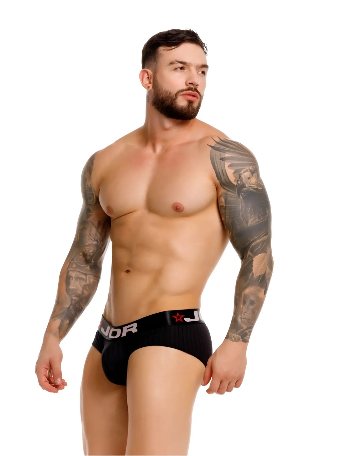 Black JOR 2331 Cronos briefs with red star and white lettering waistband in comfortable breathable fabric