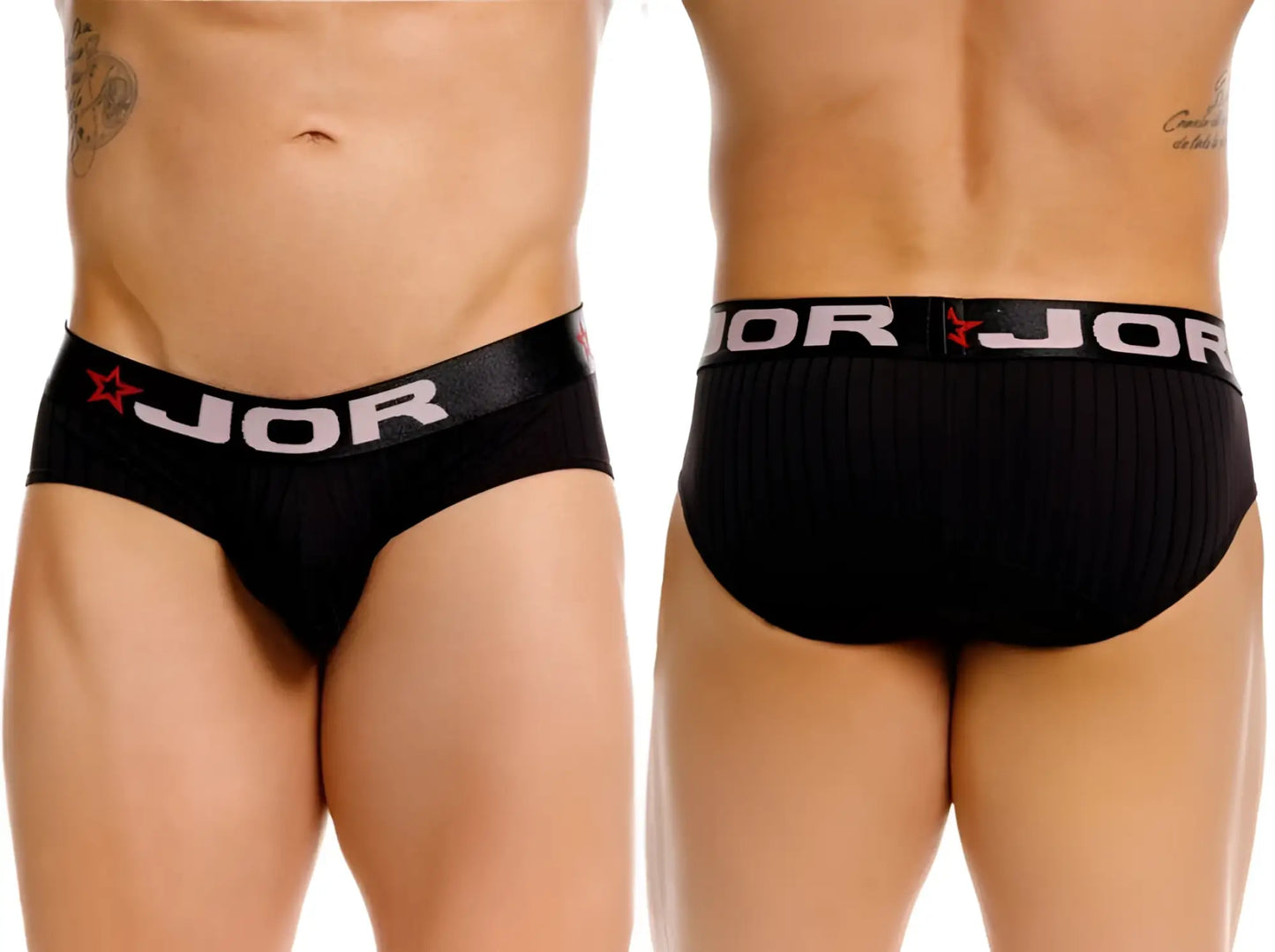 Black jor 2331 Cronos briefs with ribbed waistband featuring white lettering and red star logos in cotton blend material