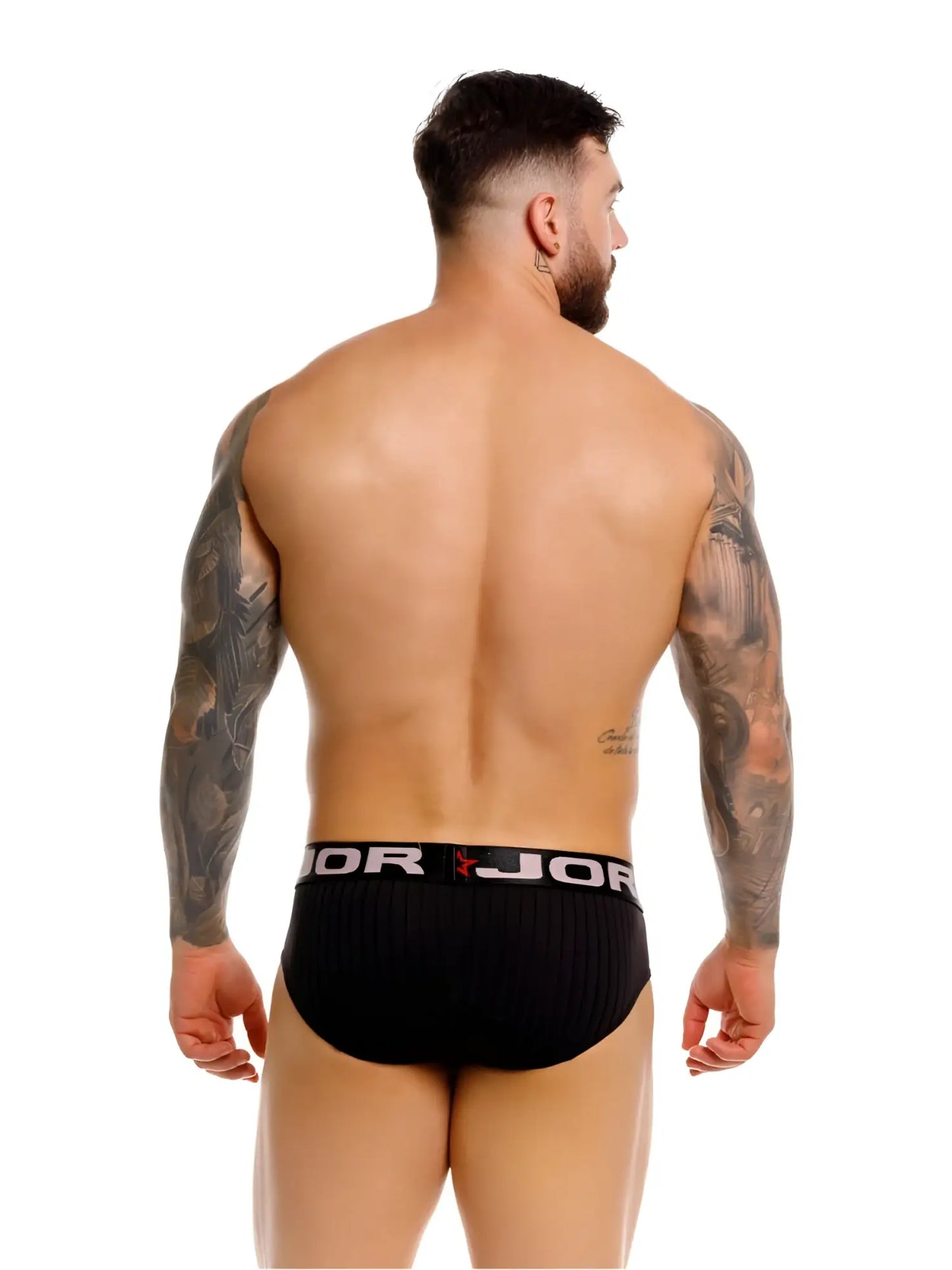 Black ribbed briefs with white elastic waistband featuring jor logo and red star emblem in jor 2331 cronos briefs black