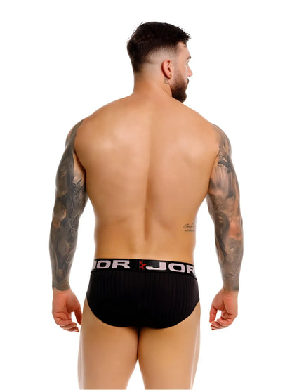 Black ribbed briefs with white elastic waistband featuring jor logo and red star emblem in jor 2331 cronos briefs black