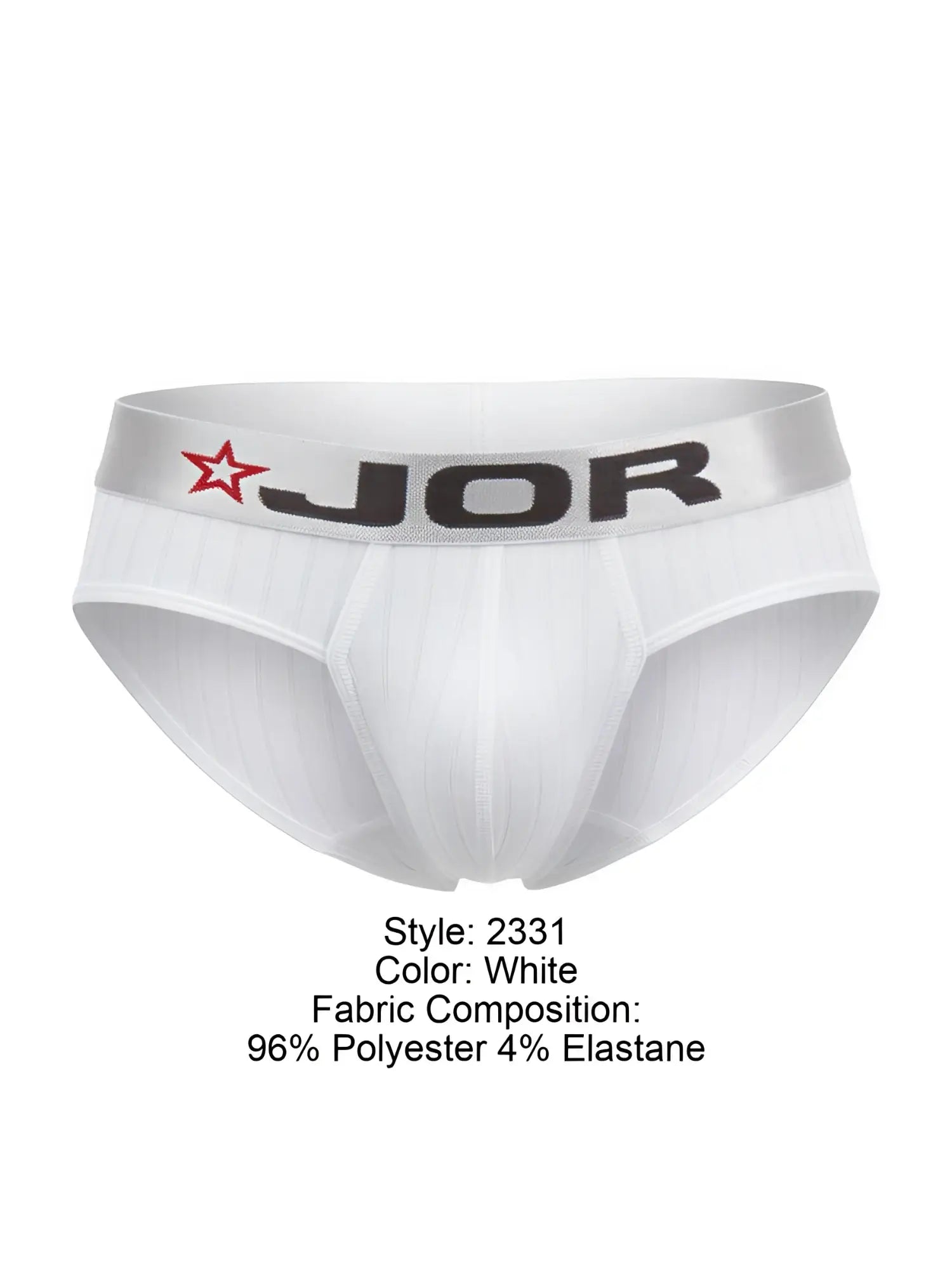 White jor 2331 Cronos briefs with gray waistband featuring black jor logo and red star emblem in cotton blend material