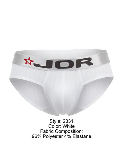 White jor 2331 Cronos briefs with gray waistband featuring black jor logo and red star emblem in cotton blend material