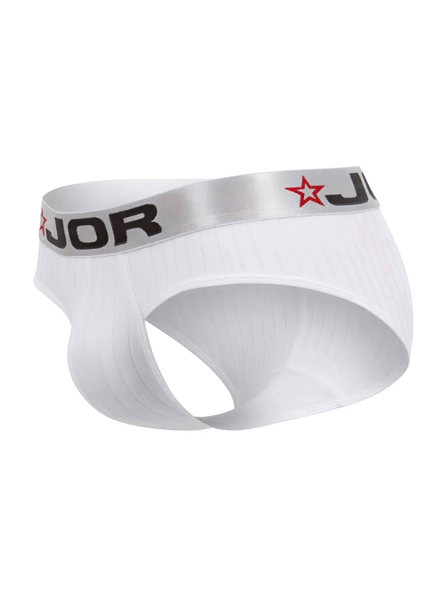 White jor 2331 cronos briefs with silver waistband featuring black lettering and red star logo