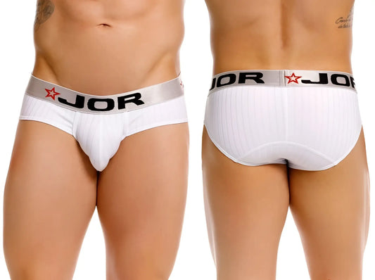 White jor 2331 cronos men’s briefs with silver waistband featuring black lettering and red star logos