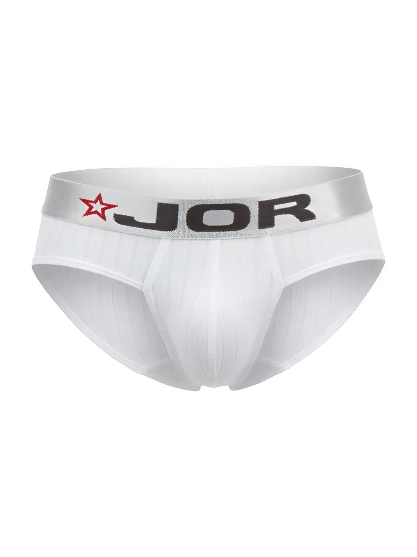 White jor 2331 cronos men’s briefs with silver waistband featuring brand name and red star logo