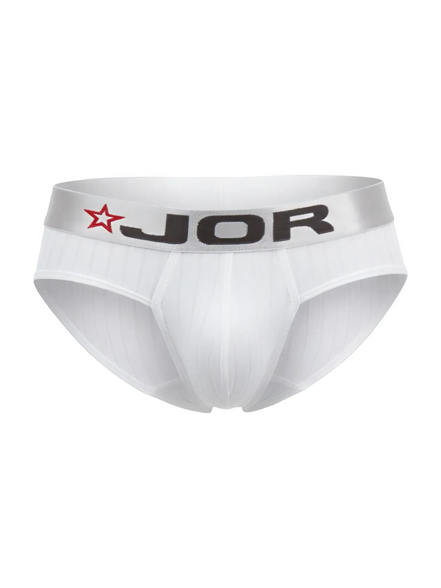 White jor 2331 cronos men’s briefs with silver waistband featuring brand name and red star logo